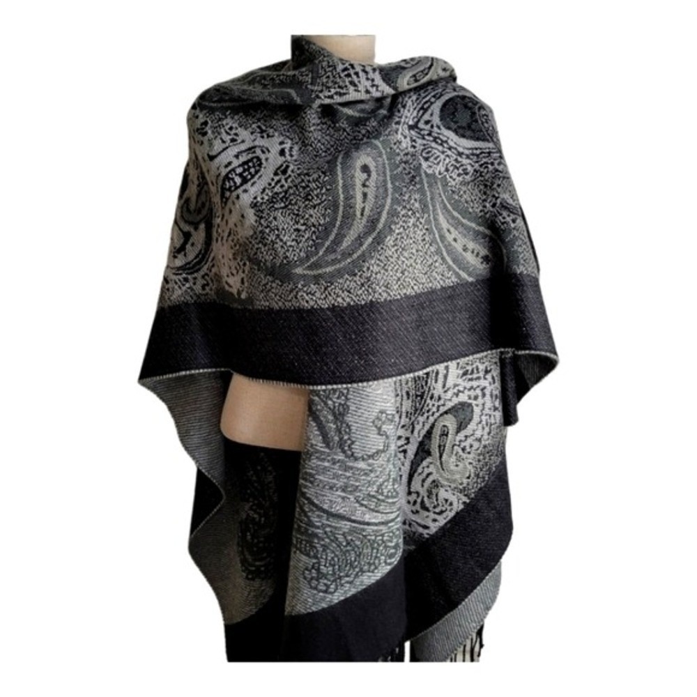 Womans Wrap Shawl Poncho Fringed Paisley Black Gray One Size Boho - Picture 2 of 9